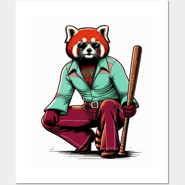 Retro Rebel: 70s Fashion Red panda with baseball batters Wall Art by TimeWarpWildlife